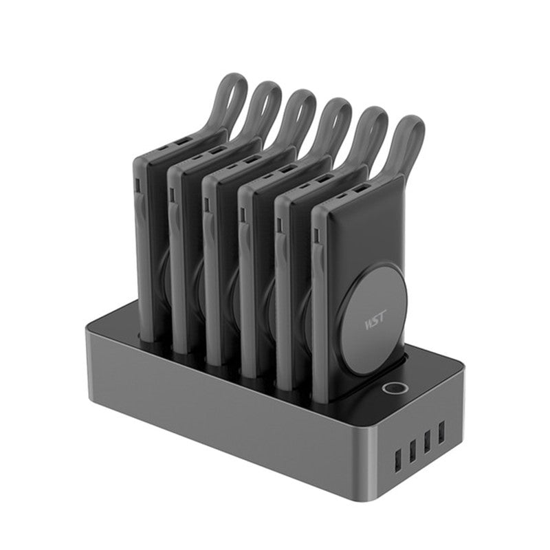 WST 6 In 1 Wireless Power Bank Docking Station (6 X 10,000 mAh), Aluminum + Abs Material,ith Built-in Cable (Lightning/Micro USB/Type C) WST 6 In 1 Wireless Power Bank Docking Station (6 X 10,000 mAh), Aluminum + Abs Material,ith Built-in Cable (Lightning/Micro USB/Type C)